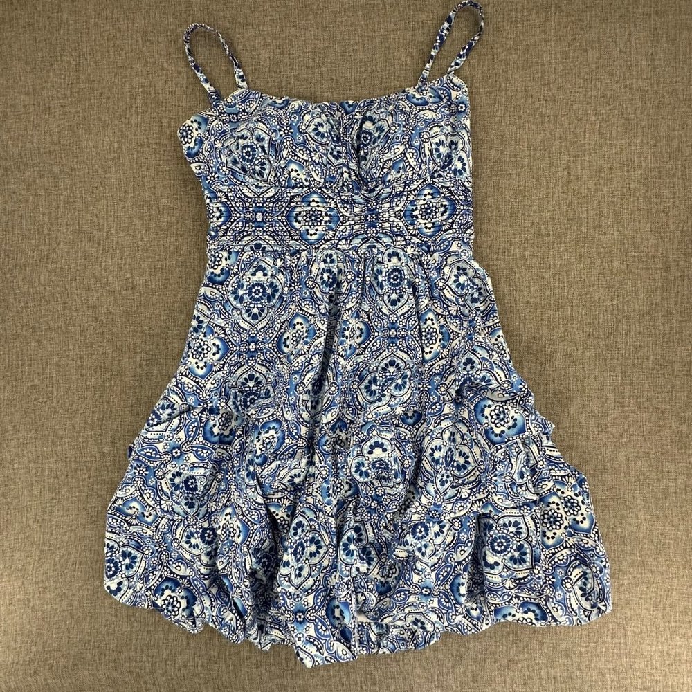 Dressbarn Ruffled‎ Balloon Dress Blue Spaghetti Adjustable Straps 12 Lined Cotto